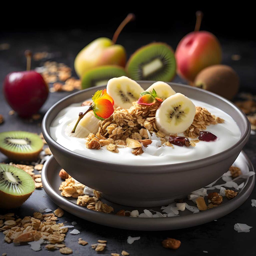 Bowl of yogurt topped with granola, sliced banana, strawberries, and kiwi, surrounded by fresh fruit.