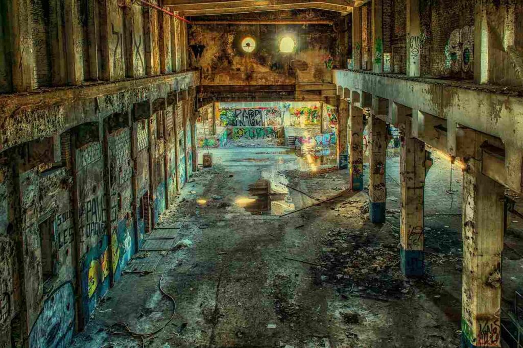 Interior of an abandoned, graffiti-covered industrial building with sunlight filtering through broken windows.