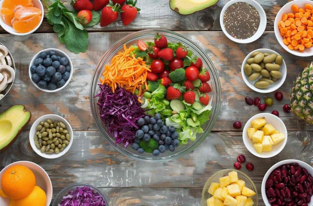 Colorful salad bowl surrounded by various fresh fruits and vegetables on a wooden table